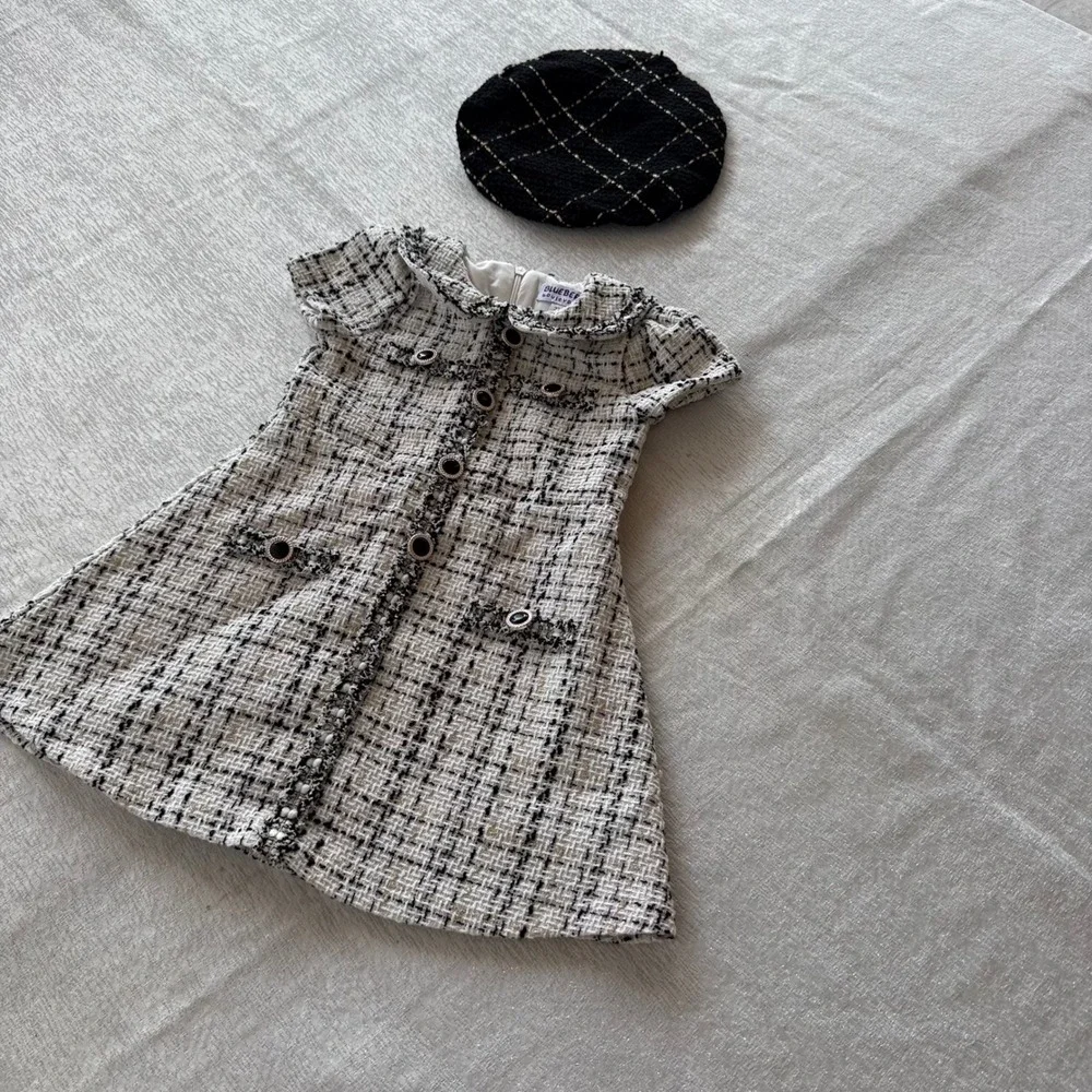Blueberi Boulevard 2T Toddler Tweed Dress Black White Peter Pan Collar w/ Beret